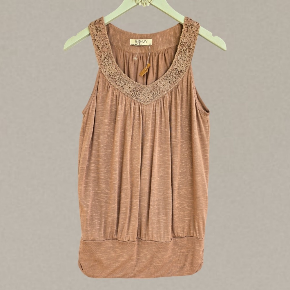 ROMY Slub Knit Brown Tank Top W/ Lace Detail Size XS - NEW!